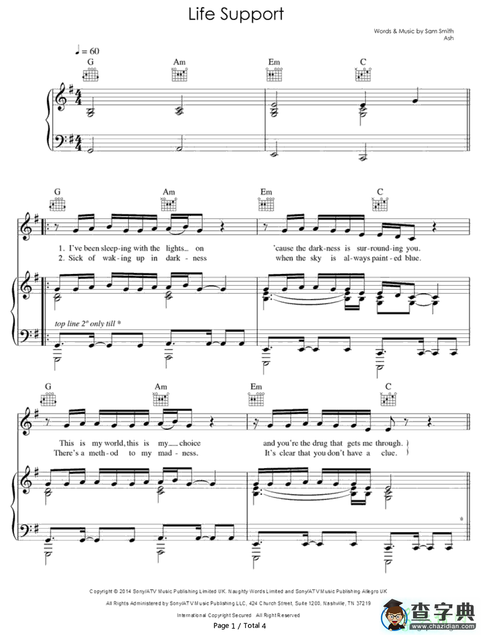 【Life Support钢琴谱】Sam Smith