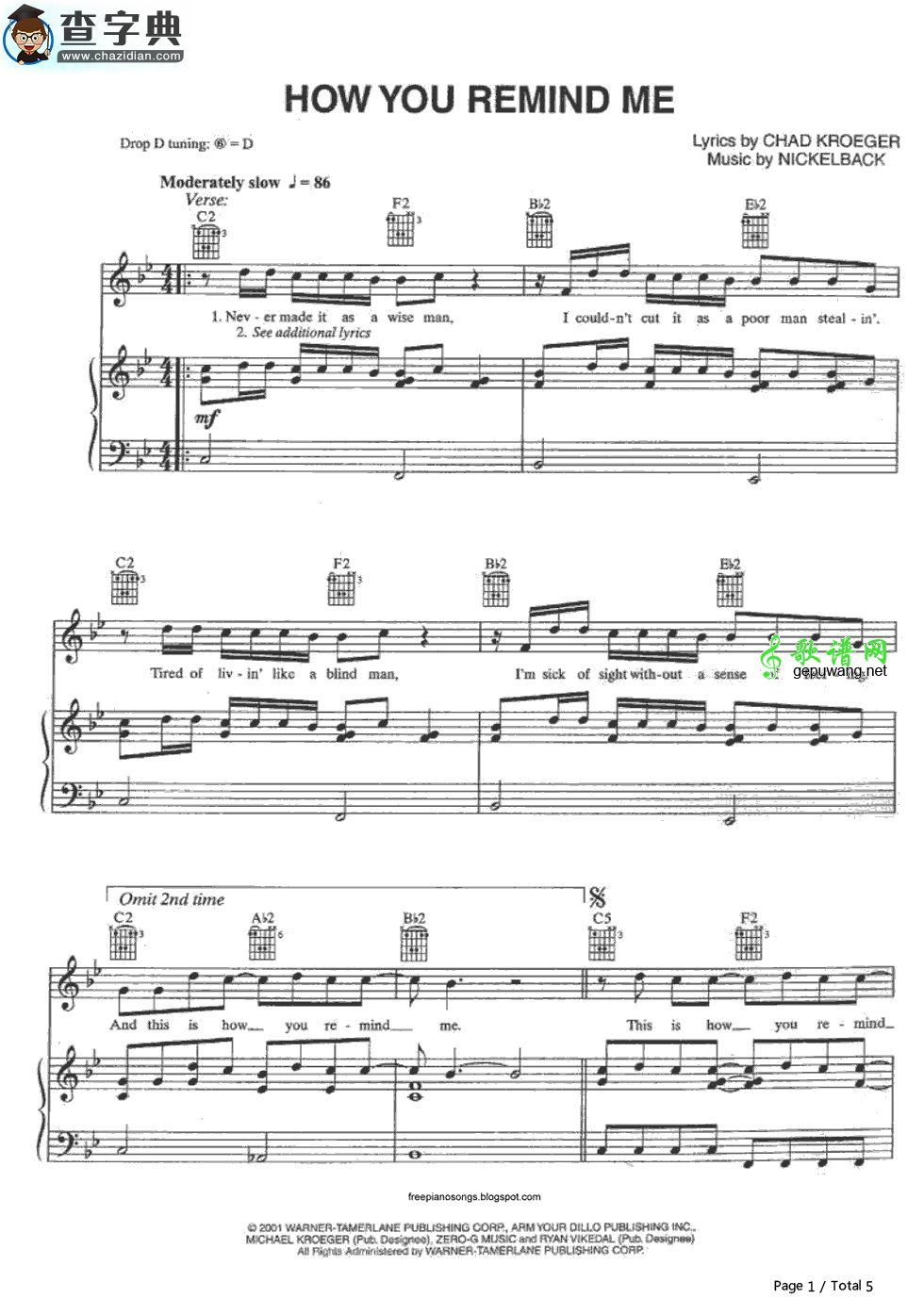 【How You Remind Me钢琴谱】Nickelback