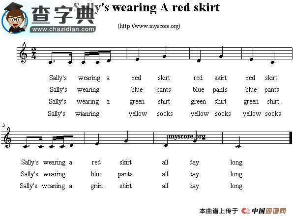 Sally’s wearing a red skirt钢琴谱