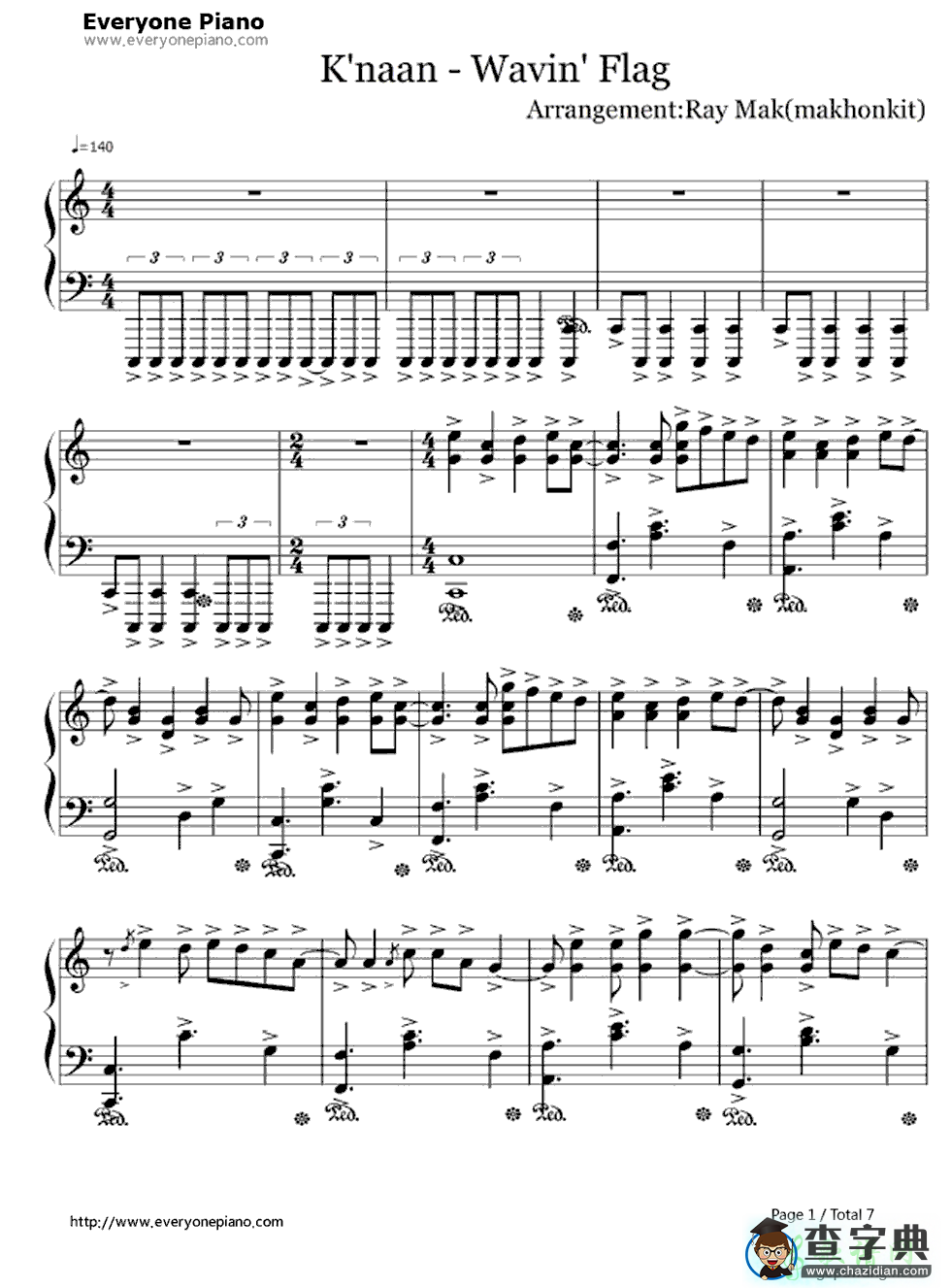 【Wavin’Flag钢琴谱】五线谱