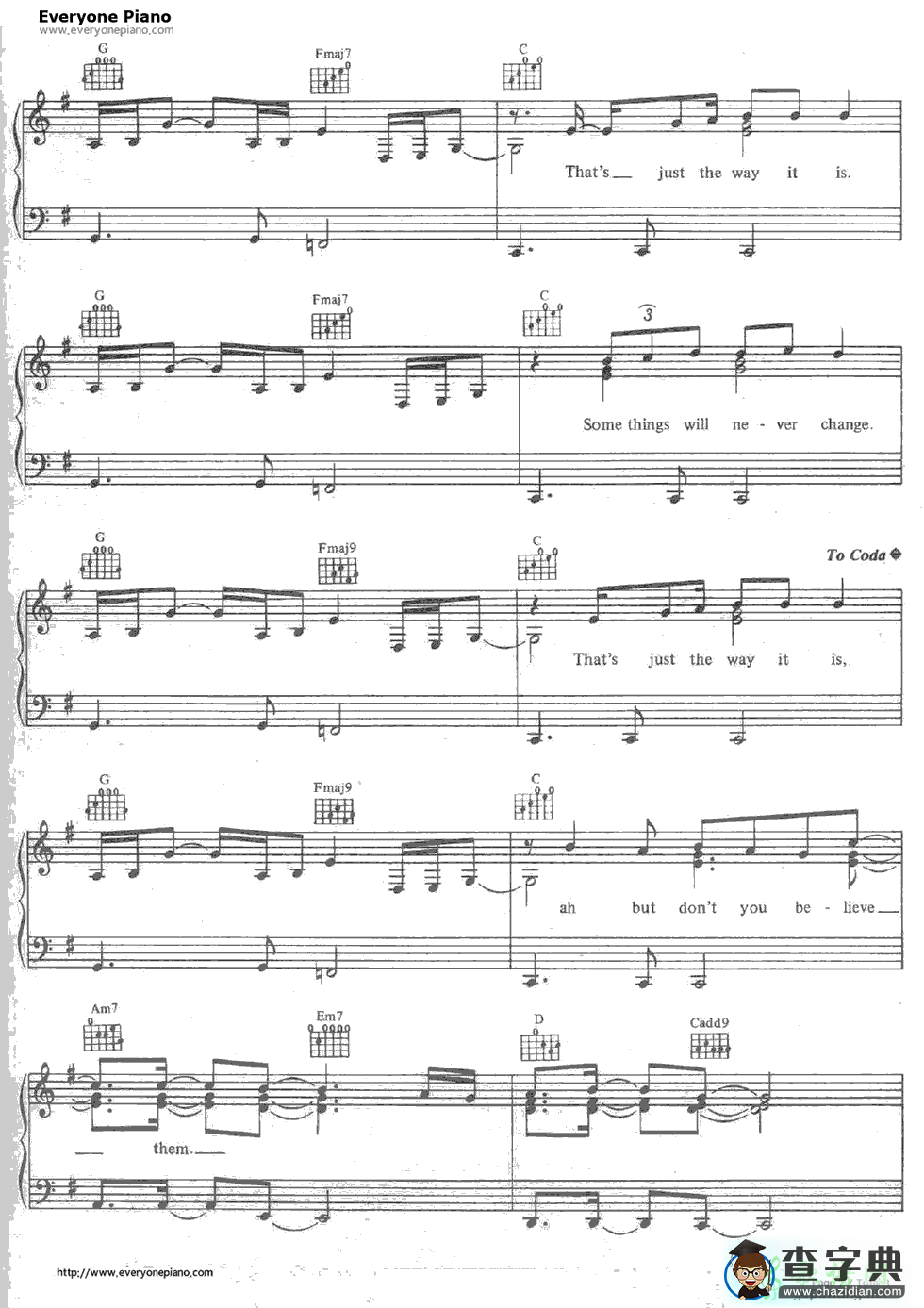 【The Way It Is钢琴谱】五线谱