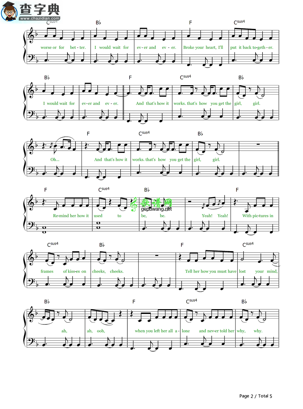 【How You Get The Girl钢琴谱】五线谱 Taylor Swift