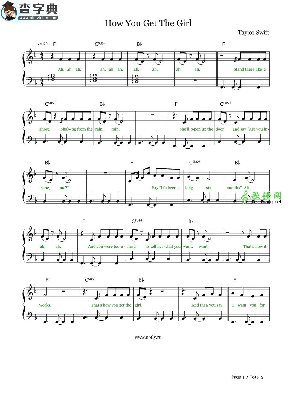 【How You Get The Girl钢琴谱】五线谱 Taylor Swift
