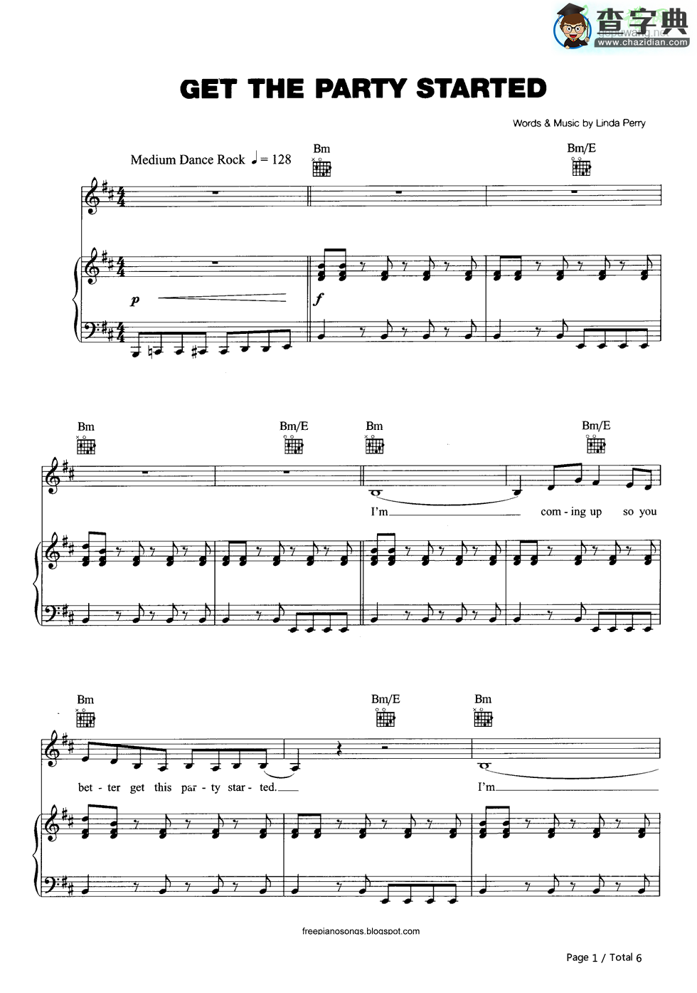 【Get the Party Started钢琴谱】五线谱
