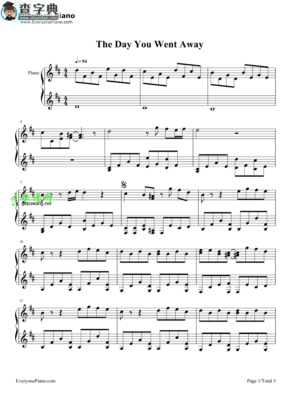 The Day You Went Away钢琴谱