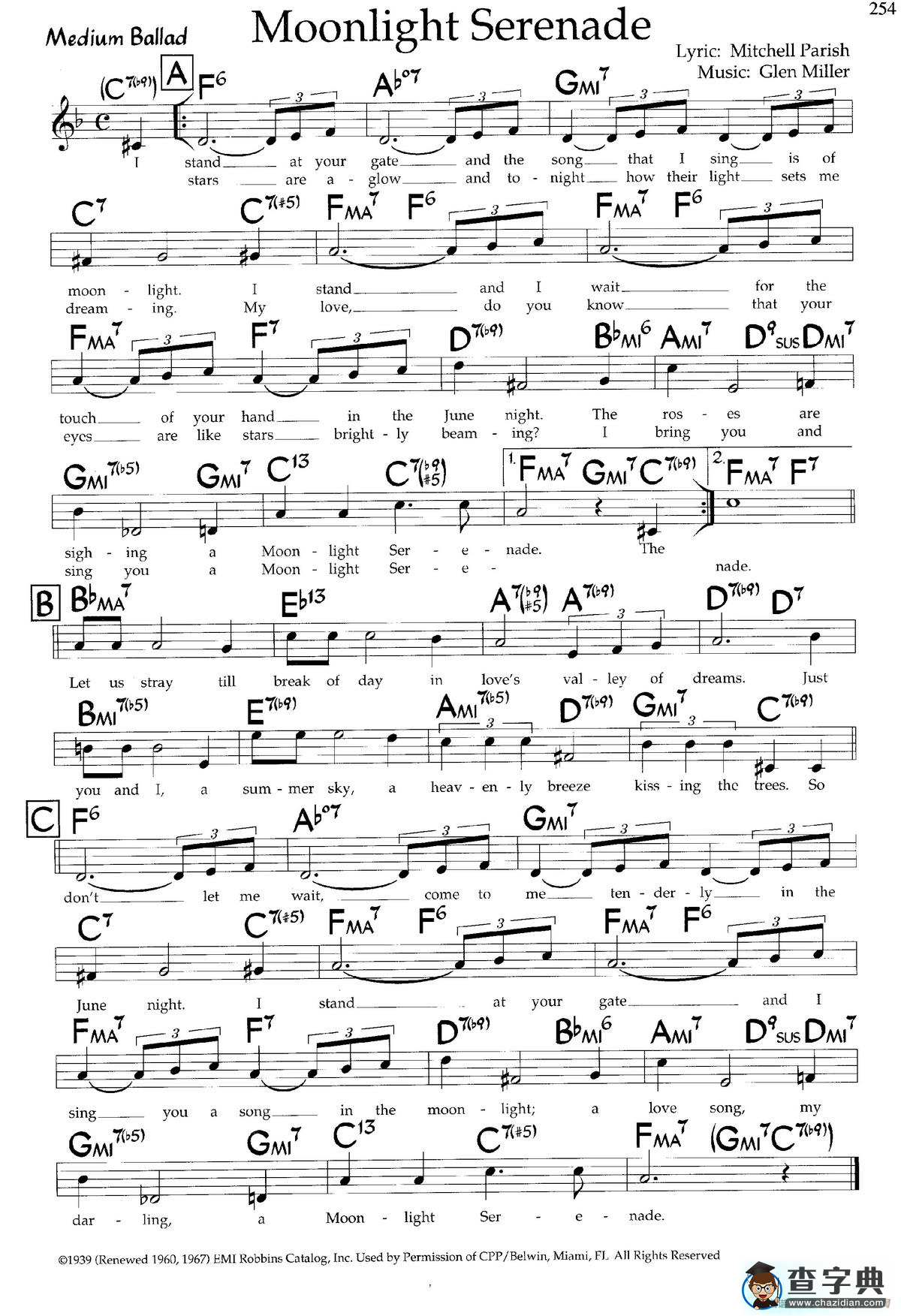 Moonlight Serenade钢琴谱（带和弦五线谱）
