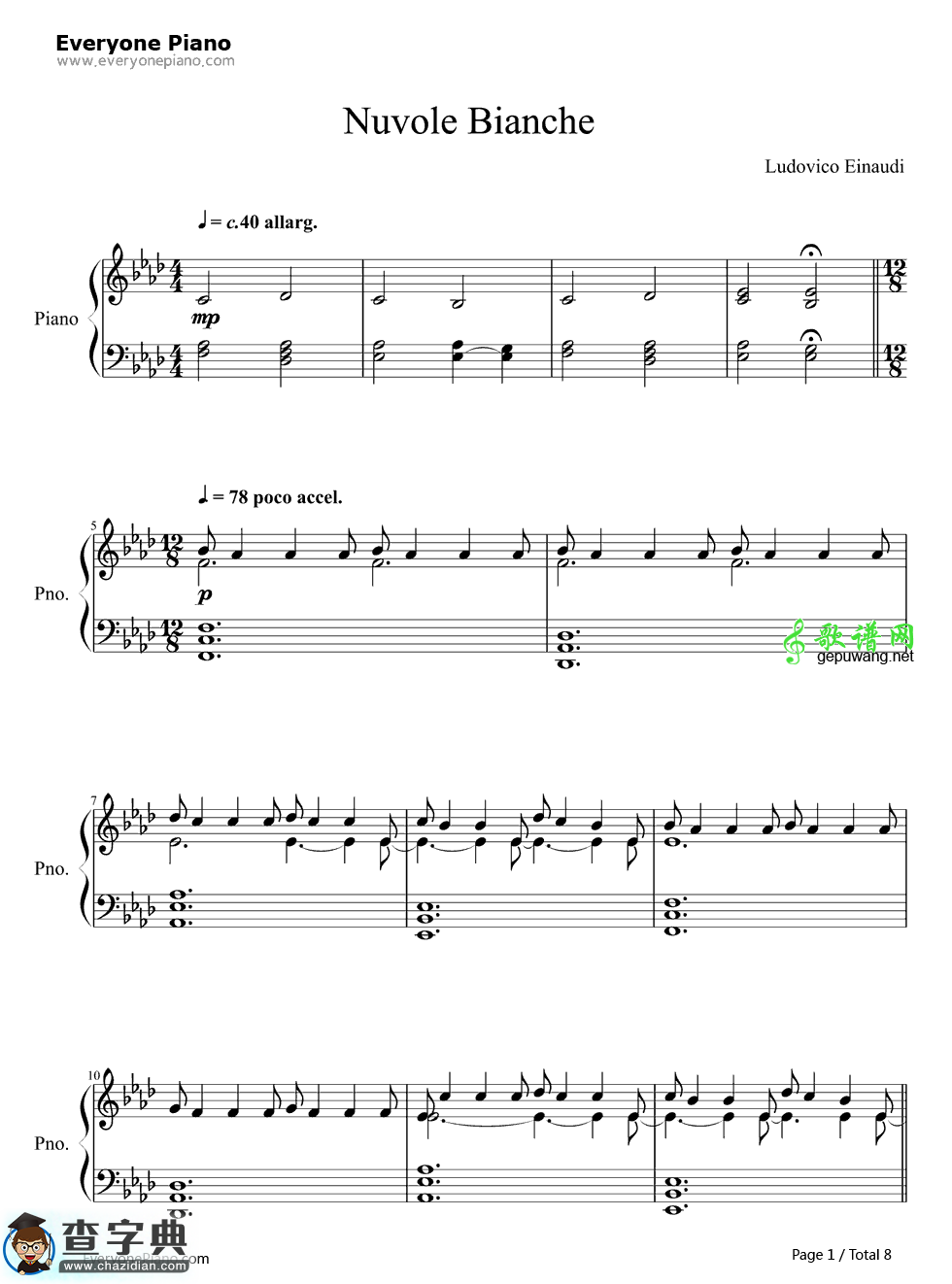 Nuvole Bianche钢琴谱