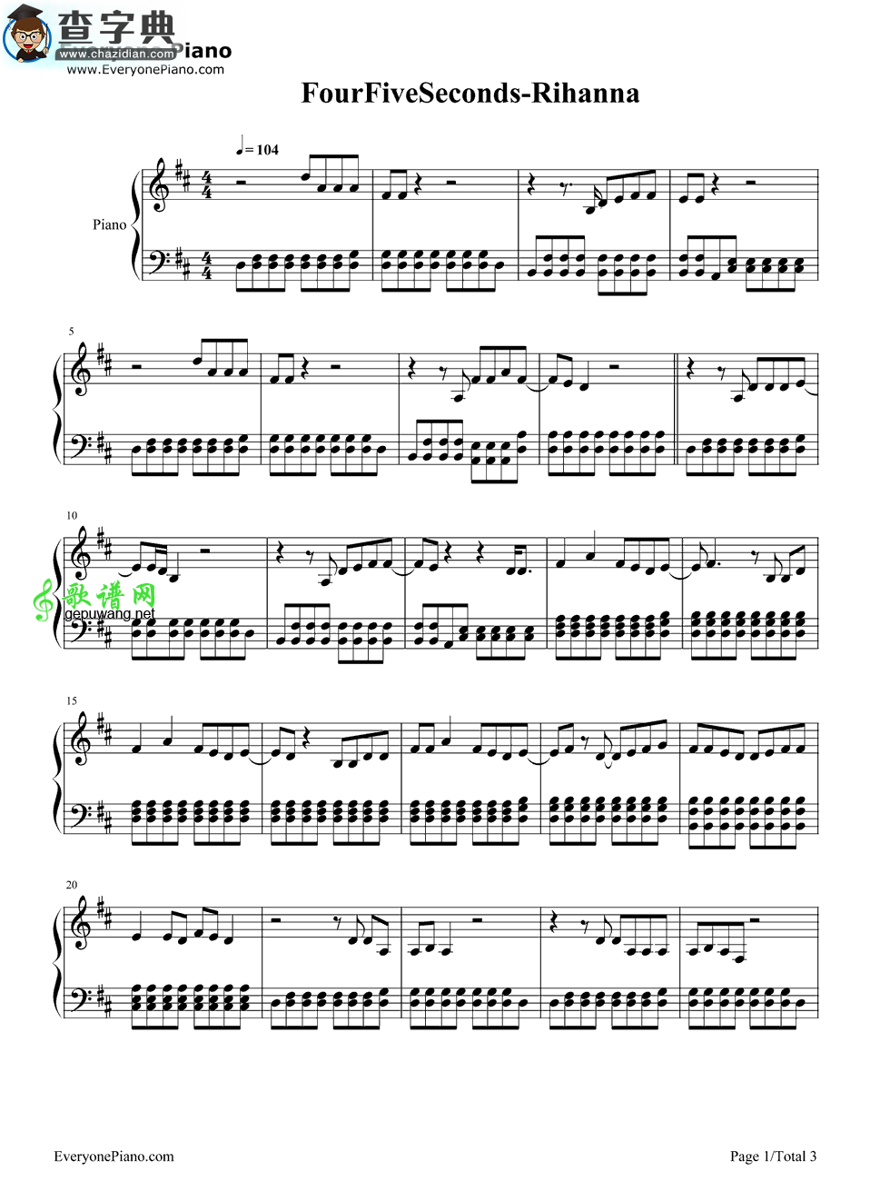 FourFiveSeconds钢琴谱