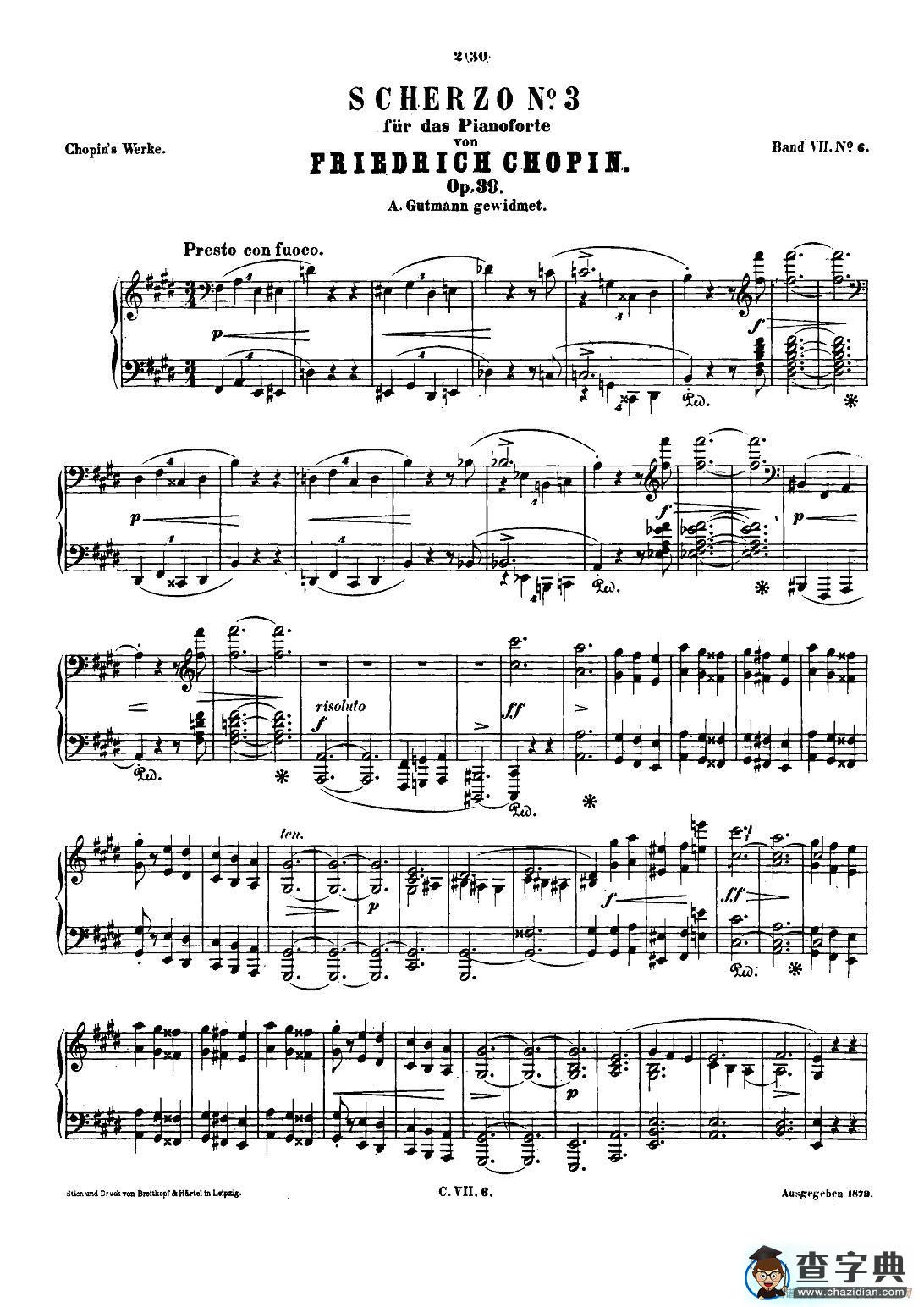 肖邦 钢琴谐谑曲 Chopin Scherzo（No.3 升c小调，Op.39）钢琴谱