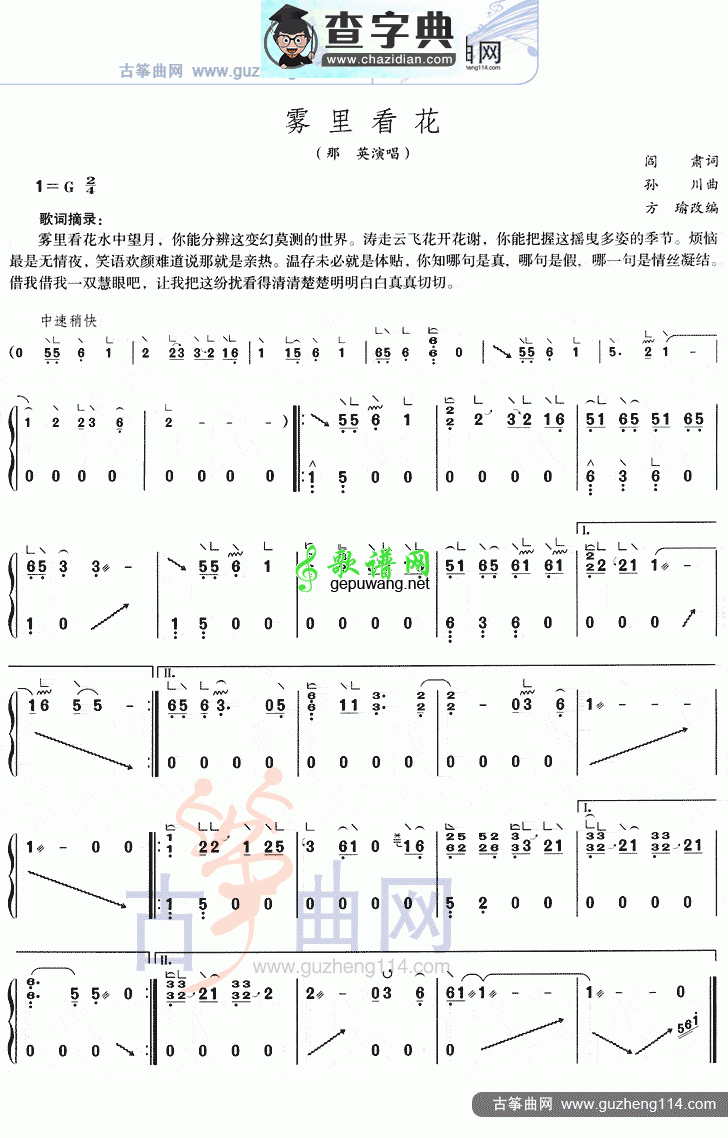 雾里看花（简易）古筝曲谱