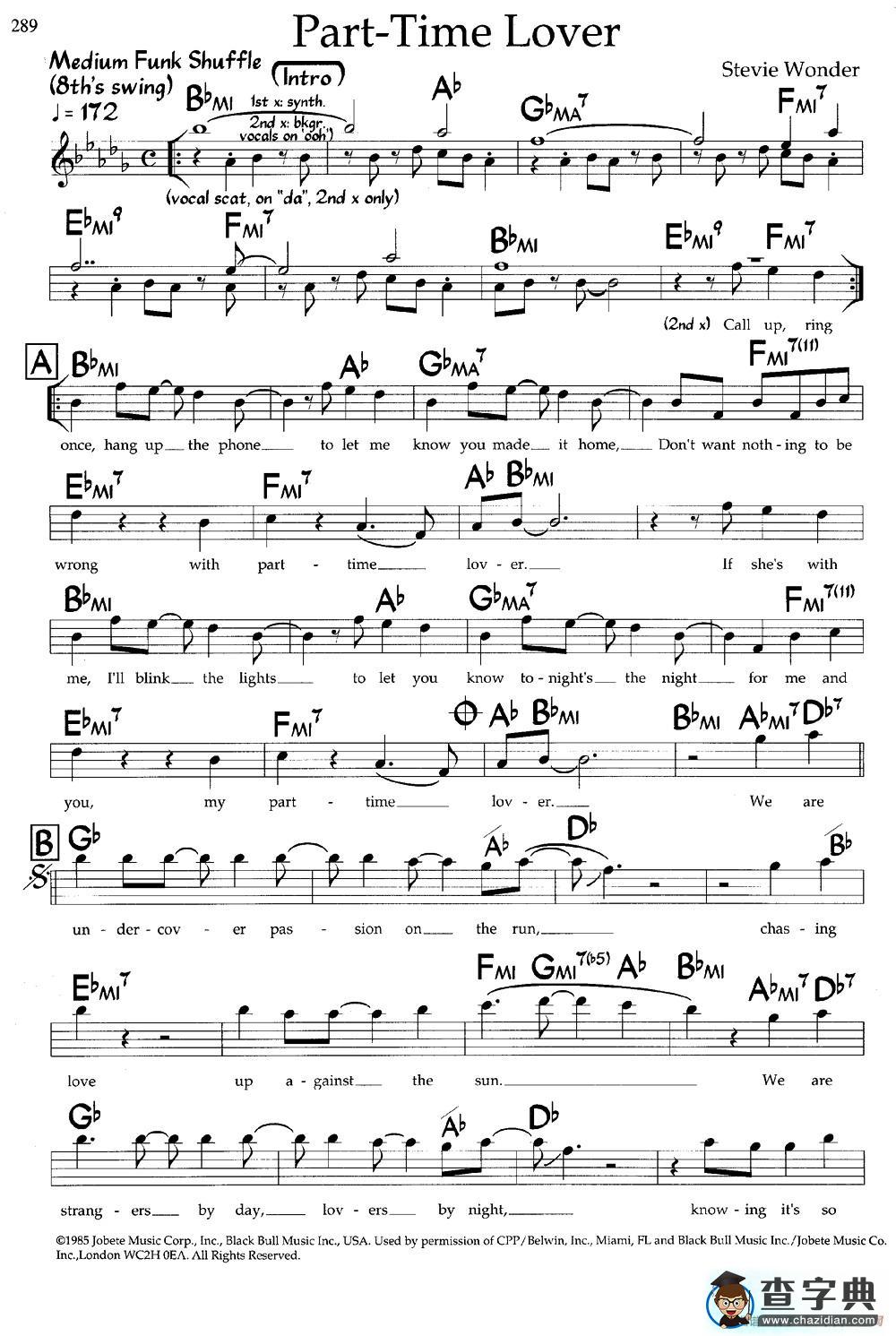 Part-Time Lover（爵士钢琴曲）钢琴谱