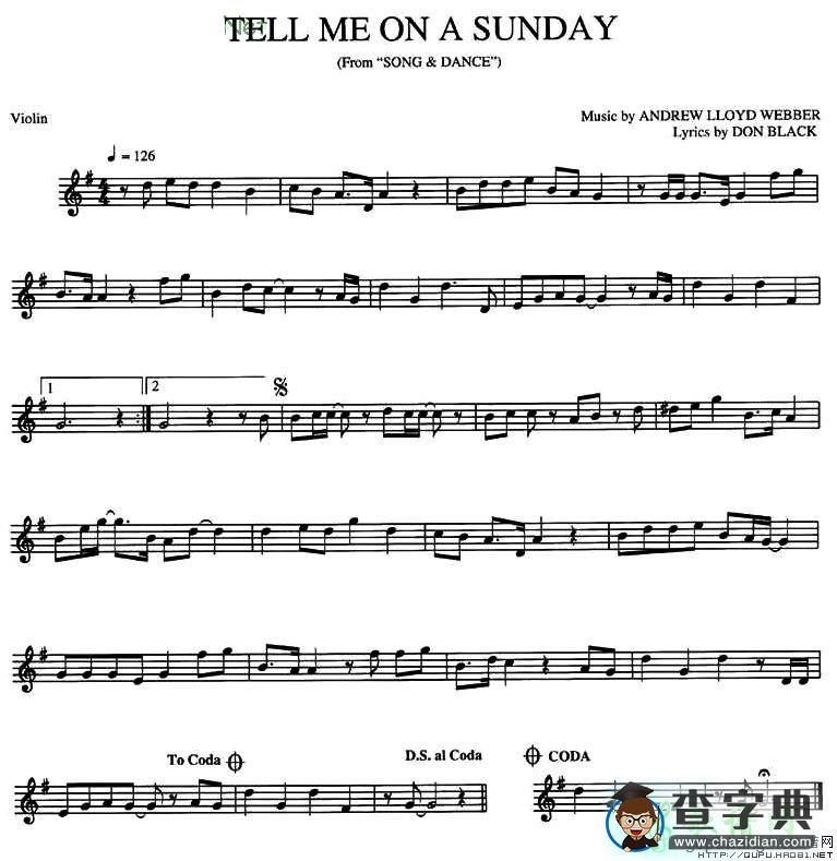 TELL ME ON A SUNDAY小提琴谱