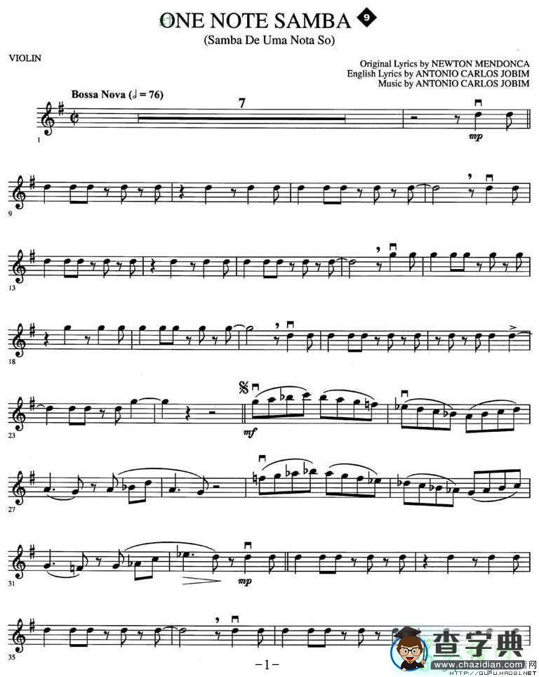 ONE NOTE SAMBA小提琴谱