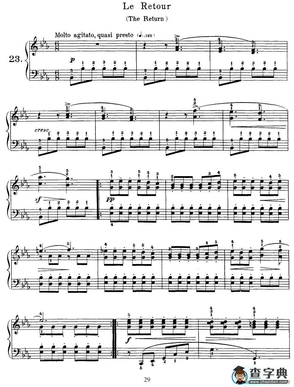 布尔格缪勒-25首钢琴进阶练习曲 Op.100（23、归来）钢琴谱