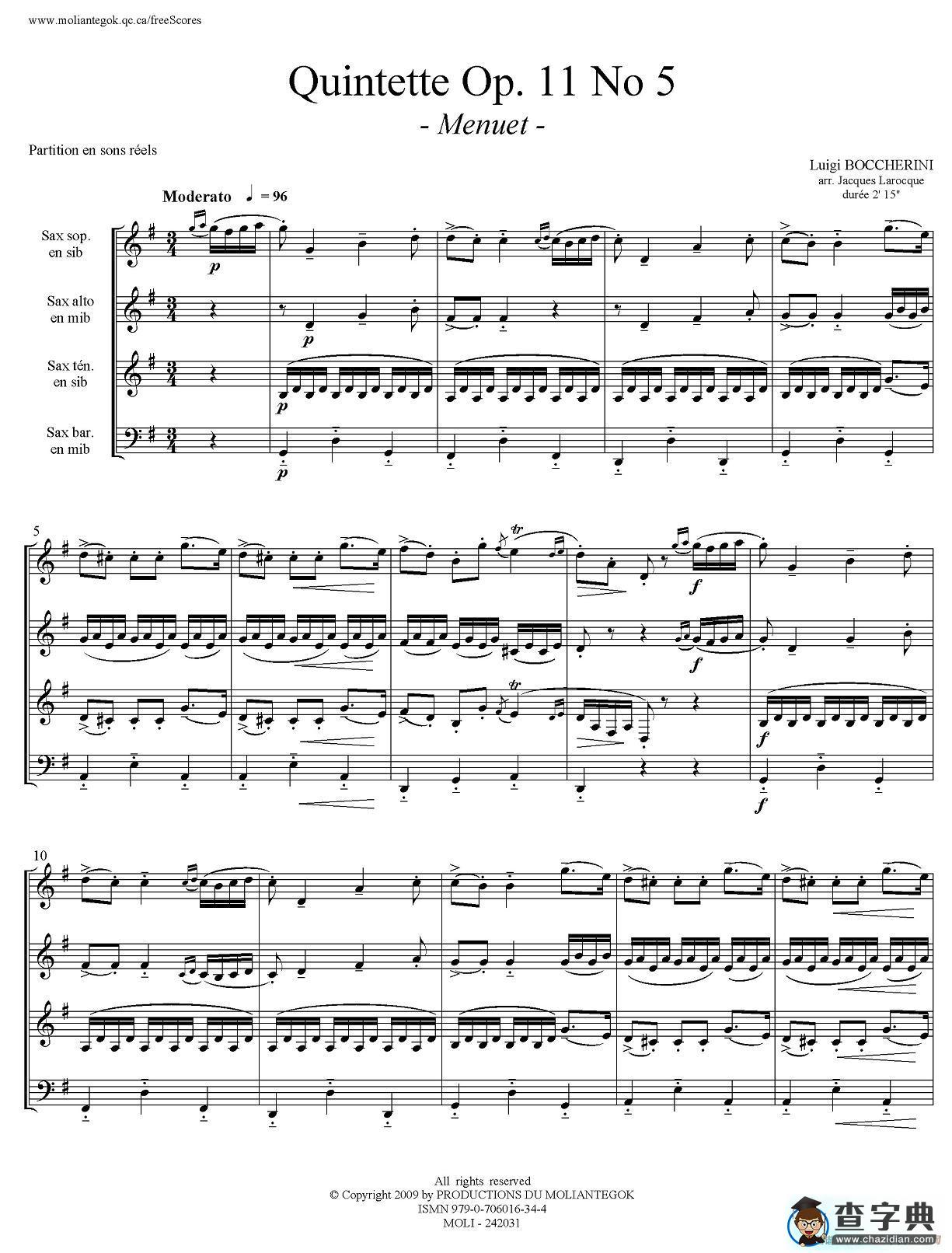 Quintette Op.11 No.5（四重奏）萨克斯谱
