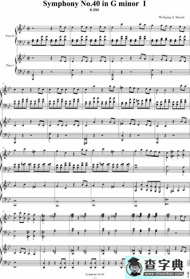 第四十号交响曲第一乐章钢琴谱五线谱