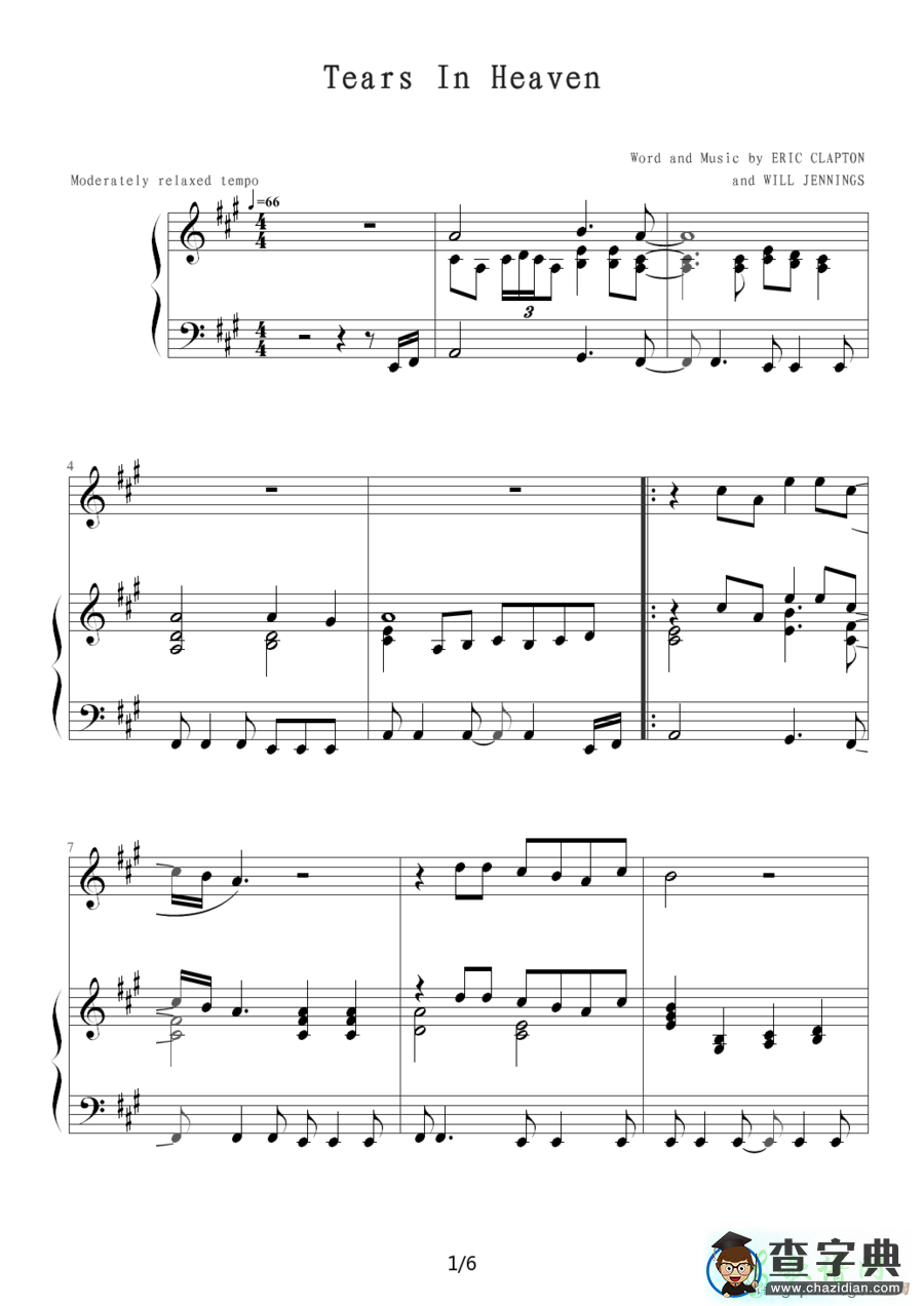 Tears In Heaven钢琴谱五线谱