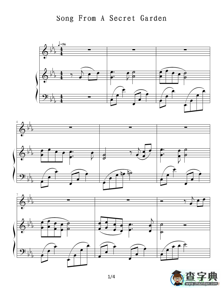 Song From A Secret Garden钢琴谱五线谱