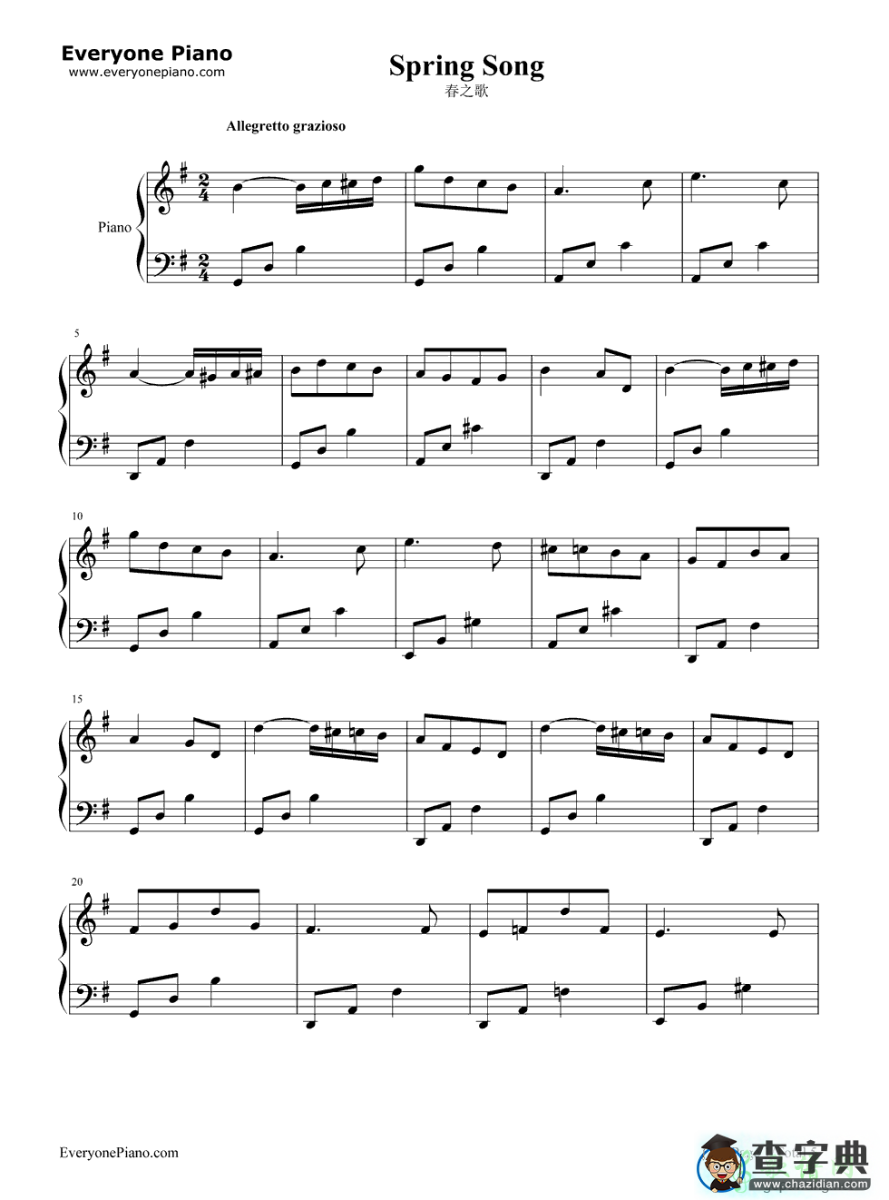 春之歌钢琴谱spring song春之歌钢琴简谱