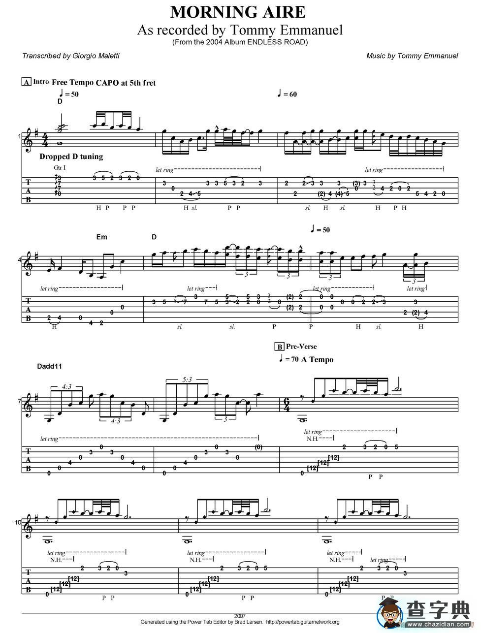 tommy emmanuel：morning aire（指弹吉他）吉他谱