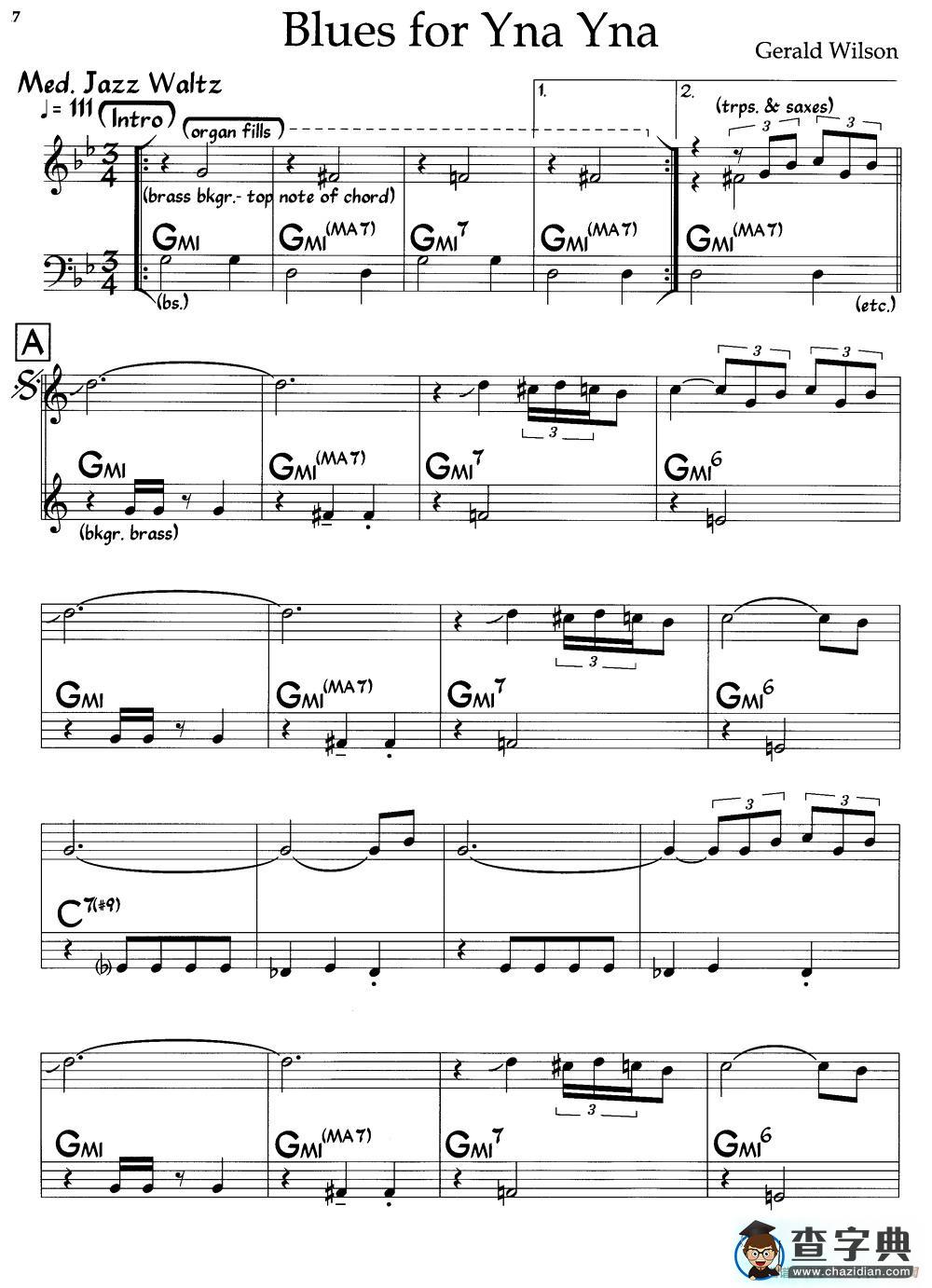 Blues For Yna Yna（爵士钢琴曲）钢琴谱