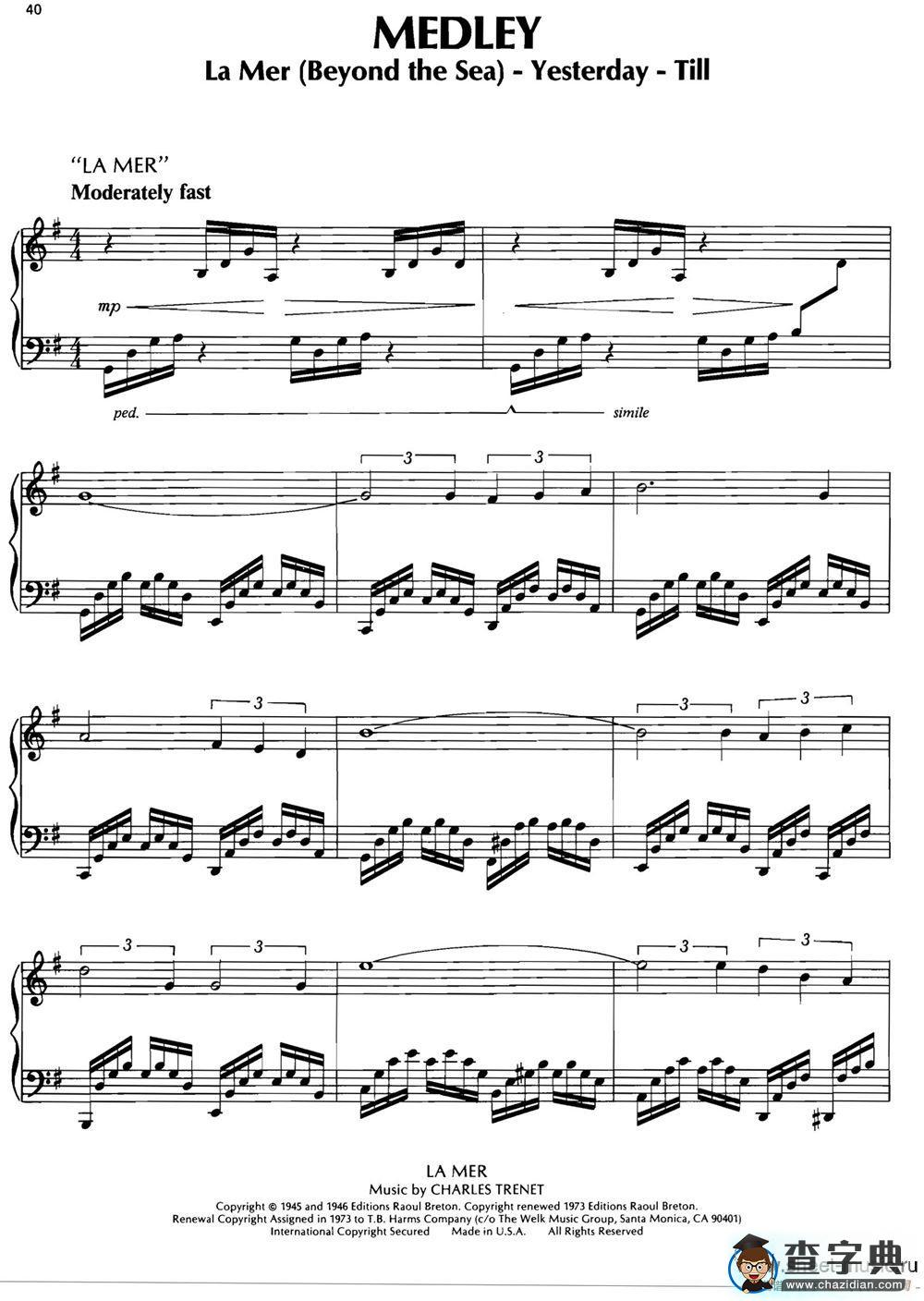 MEDLEY（La Mer（Beyond the Sea）-Yesterday-Till）钢琴谱