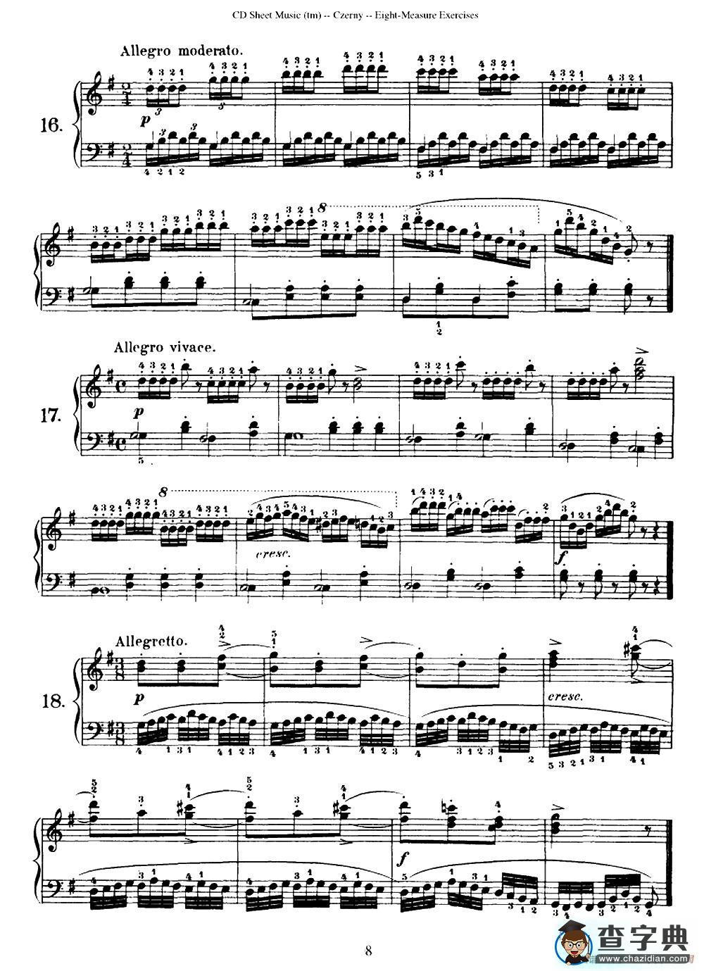 160 Eight- Measure Exercises.Op.821（车尔尼160首钢琴八小节练习曲（1——18））钢琴谱