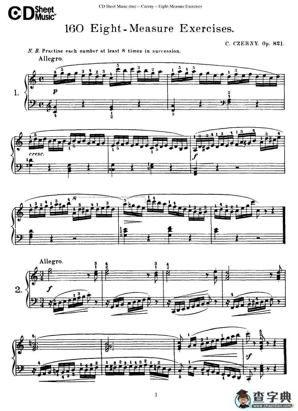 160 Eight- Measure Exercises.Op.821（车尔尼160首钢琴八小节练习曲（1——18））钢琴谱