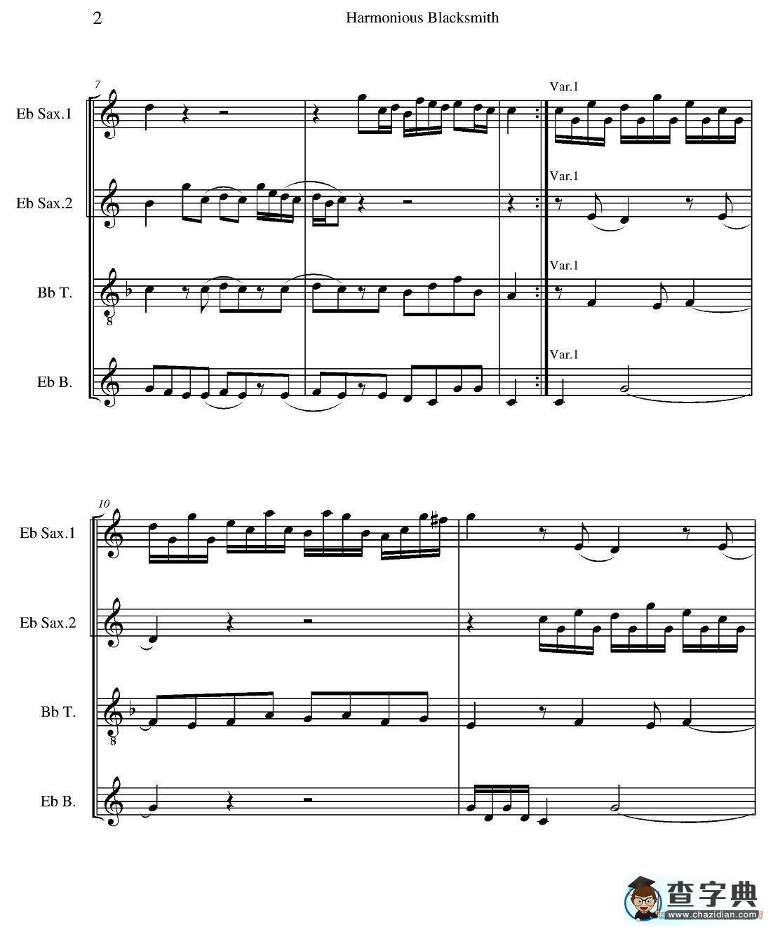 Harmonious Blacksmith（快乐的铁匠）（四重奏）萨克斯谱