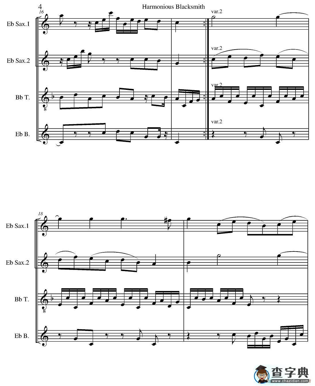 Harmonious Blacksmith（快乐的铁匠）（四重奏）萨克斯谱