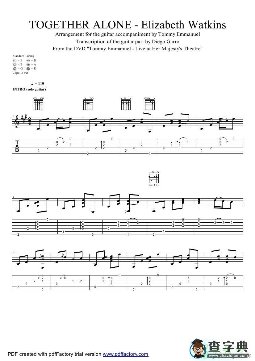 together alone（指弹吉他谱）