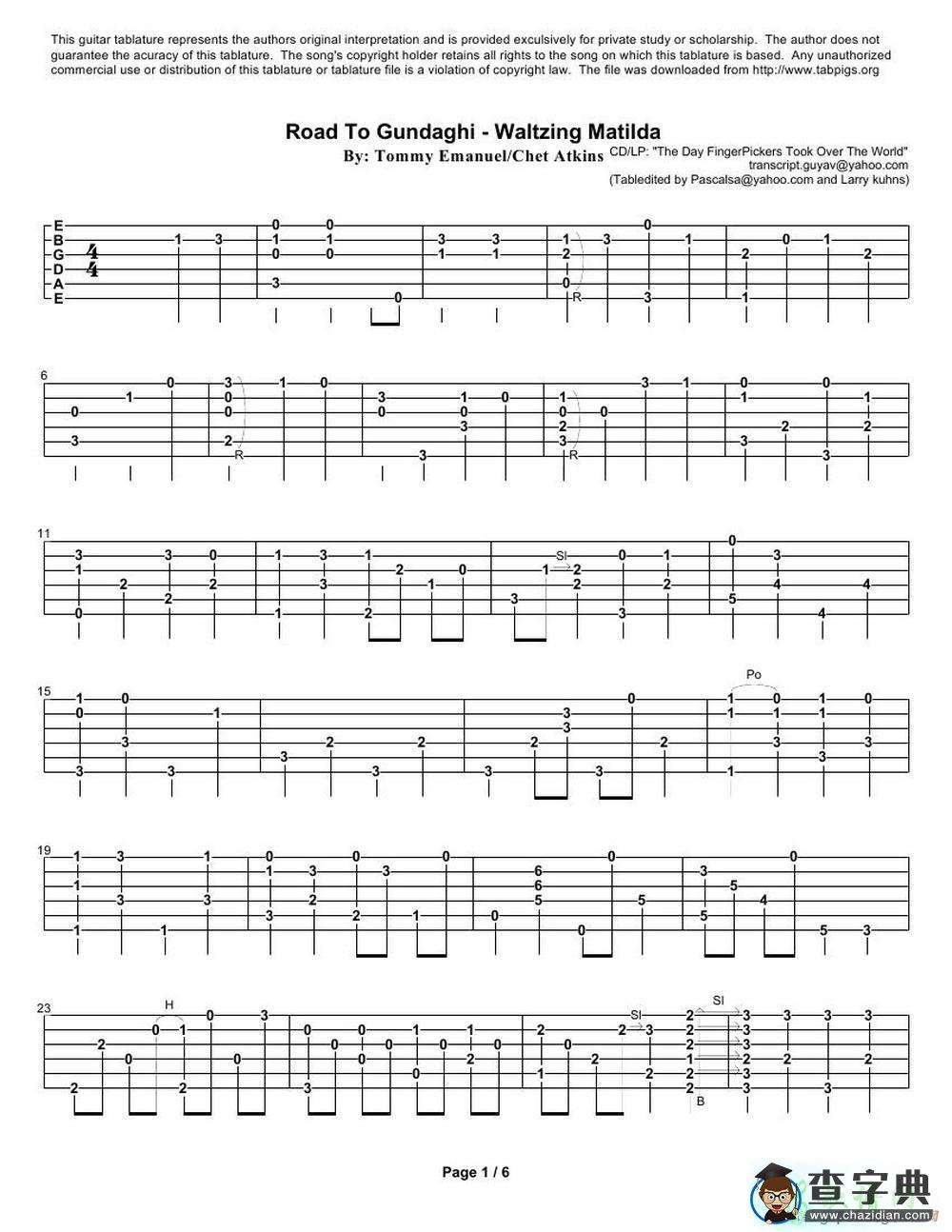 road to gundaghi waltzing matilda（指弹吉他谱）