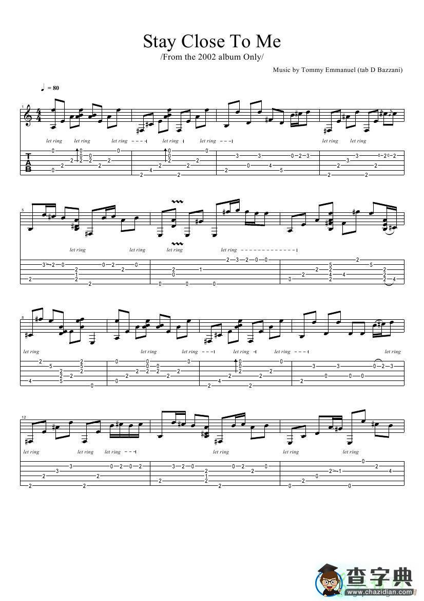 stay close to me（指弹吉他谱）
