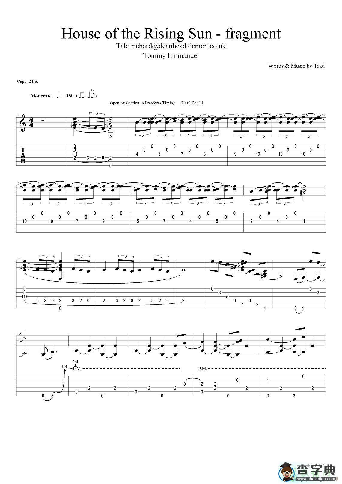 house of the rising sun fragment（指弹吉他谱）