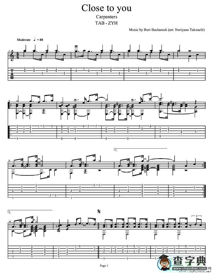 Close to You 指弹吉他谱