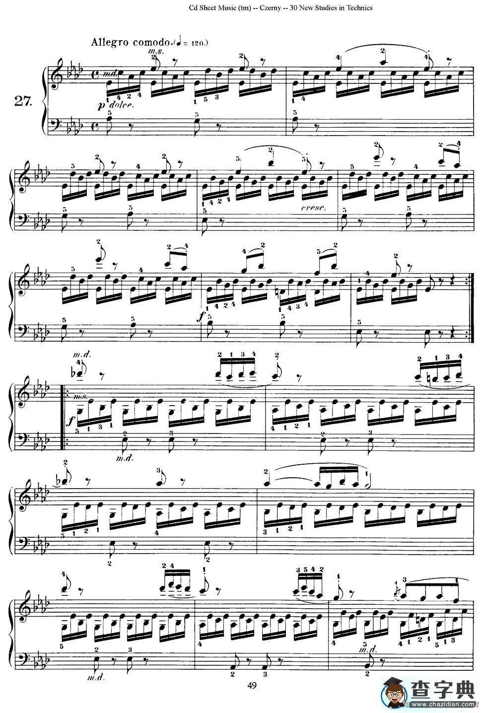 Czerny - 30 New Studies - 27（车尔尼Op849 - 30首练习曲）钢琴谱