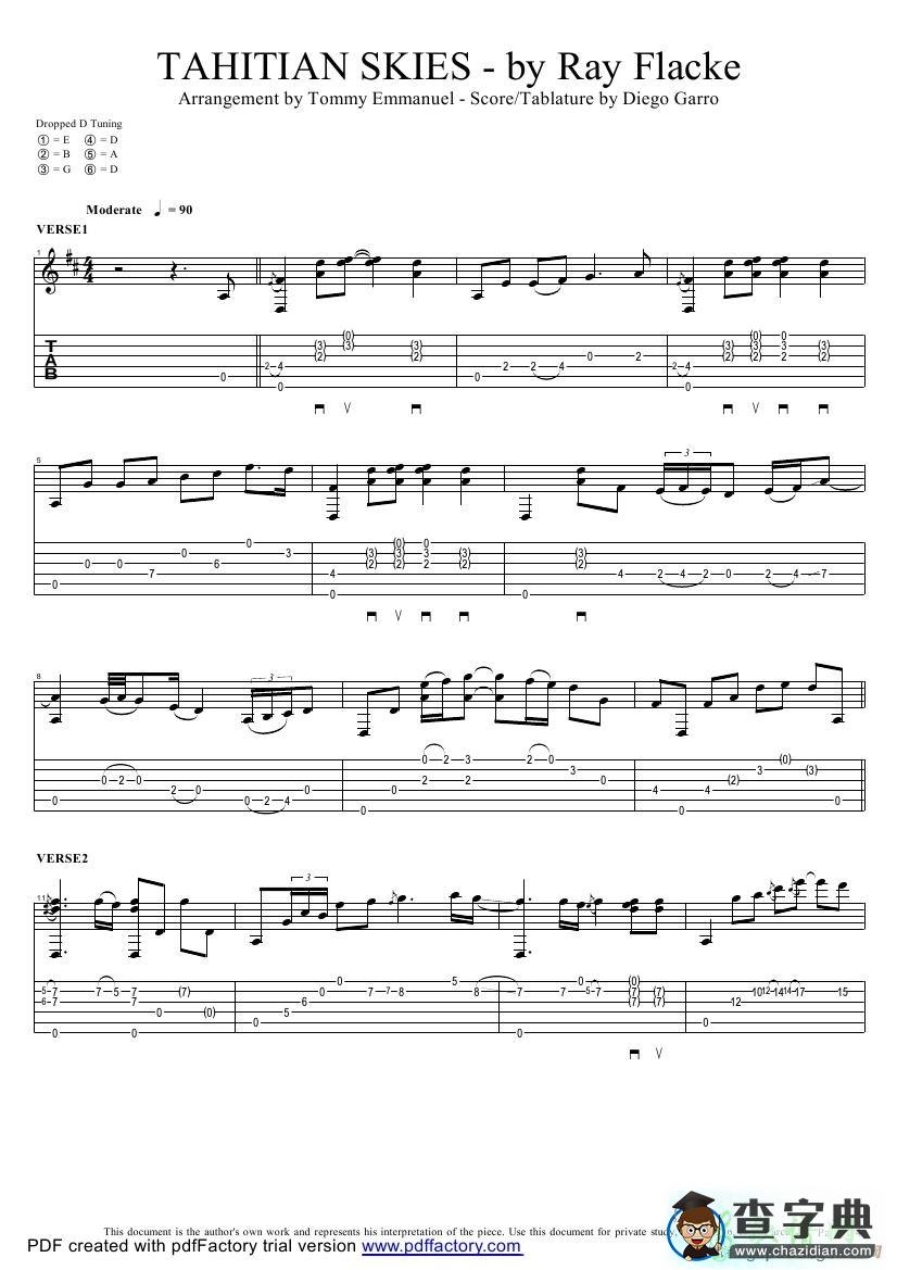 tahitian skies with score（指弹吉他谱）