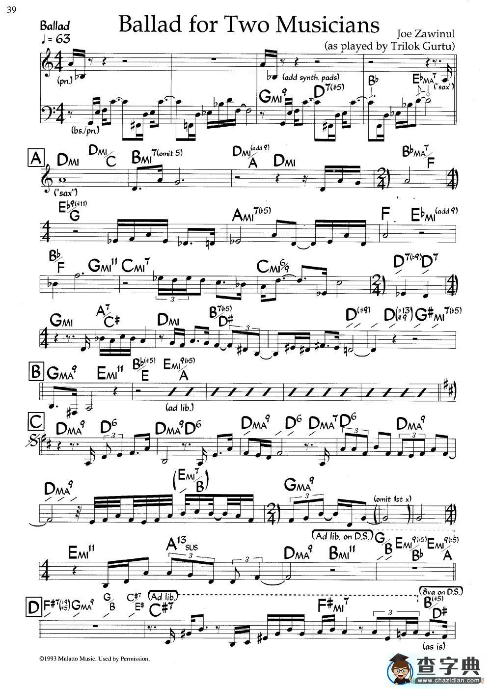 Ballad for Two Musicians（爵士钢琴曲）钢琴谱
