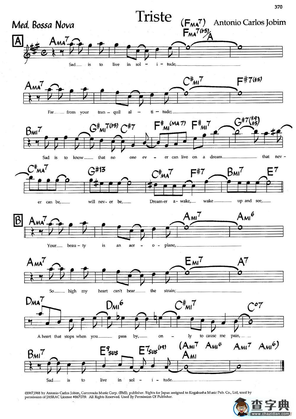 Triste（爵士钢琴曲）钢琴谱