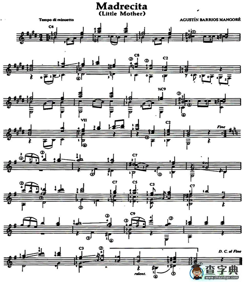 吉他乐谱：Madrecita（古典吉他）C调 5线谱