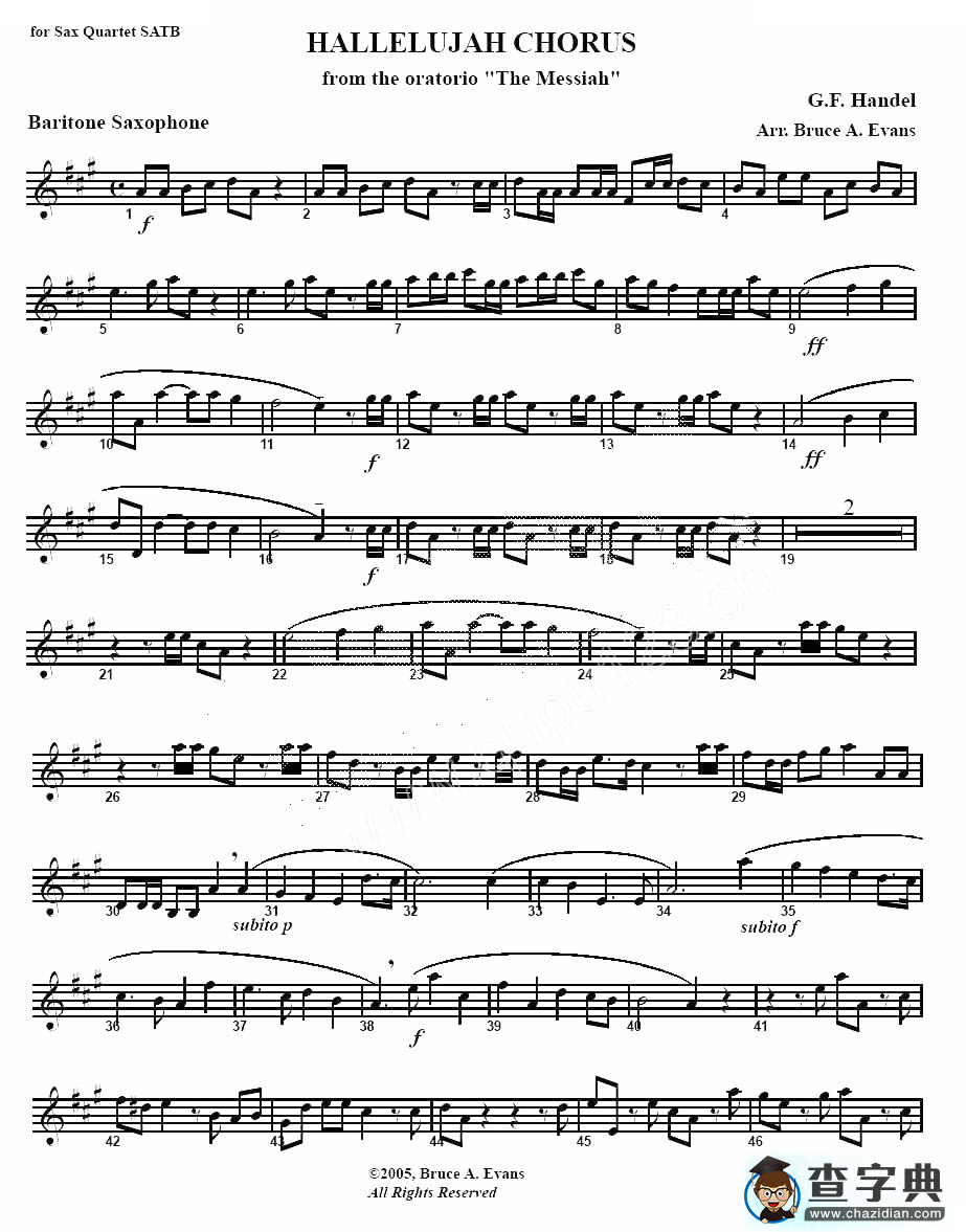 HALLELUJAH CHORUS（哈利路亚）（四重奏 baryton —上低音萨克斯分谱）萨克斯谱