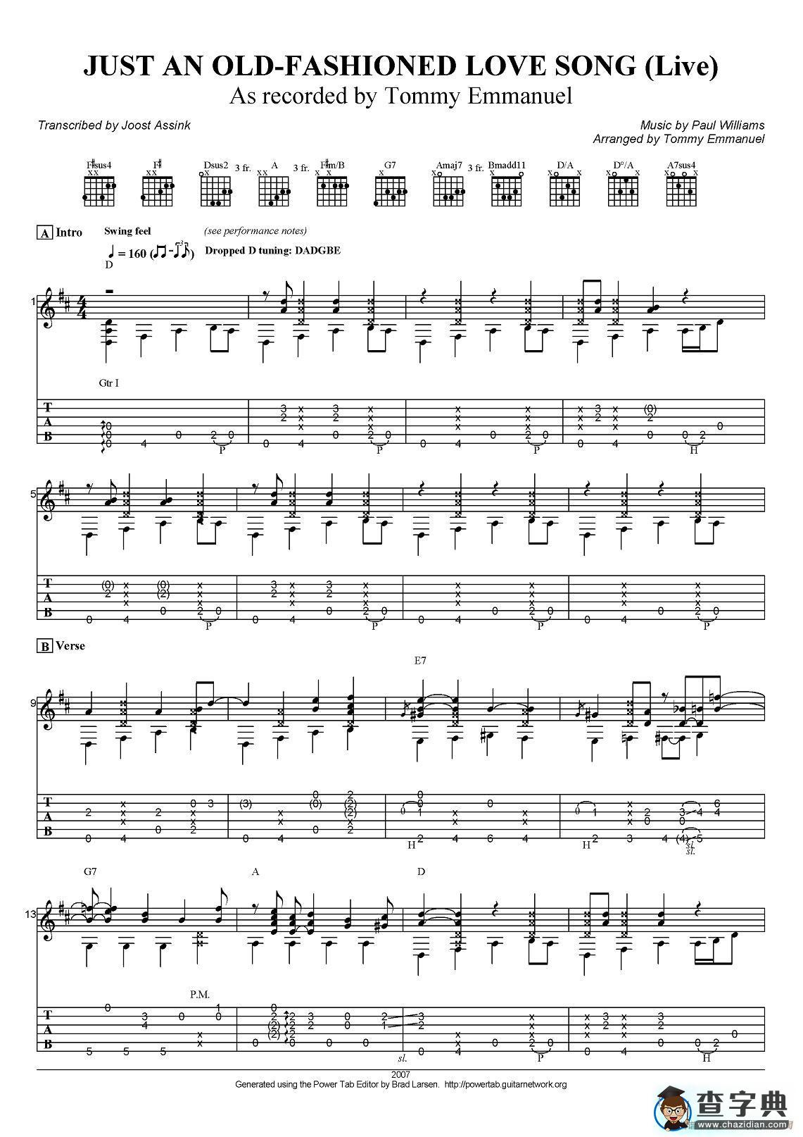 tommy emmanuel：just an old fashioned love song（指弹吉他）吉他谱