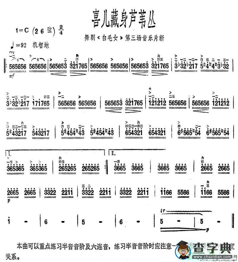 喜儿藏身芦苇丛二胡曲谱