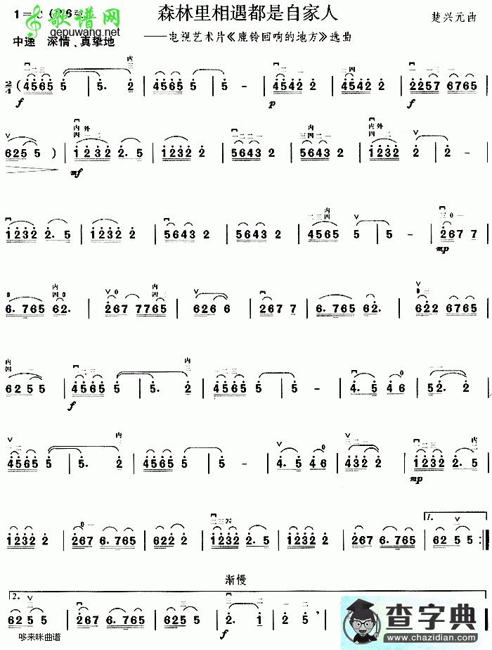 森林里相遇都是自家人(《鹿铃回响的地方》选曲)二胡曲谱