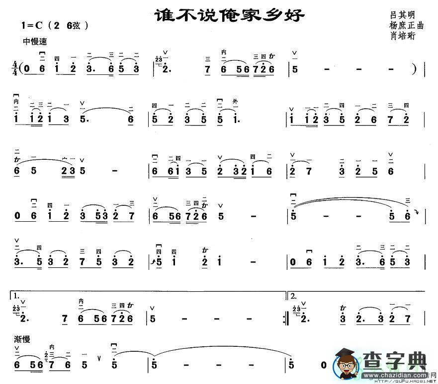 谁不说俺家乡好二胡曲谱