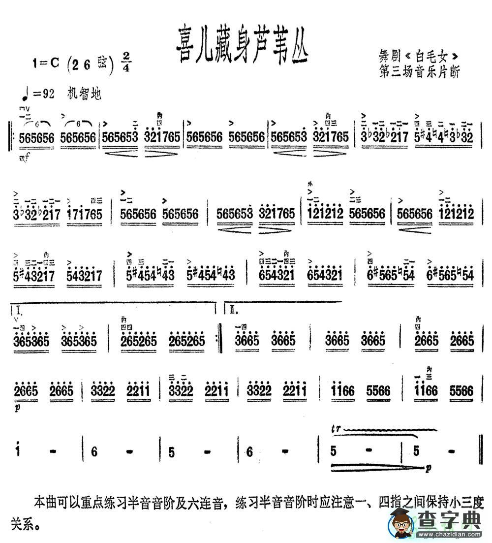 喜儿藏身芦苇丛二胡曲谱