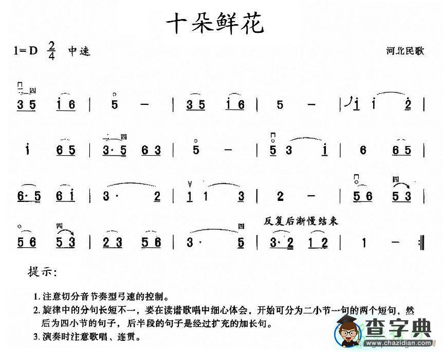 十朵鲜花二胡曲谱