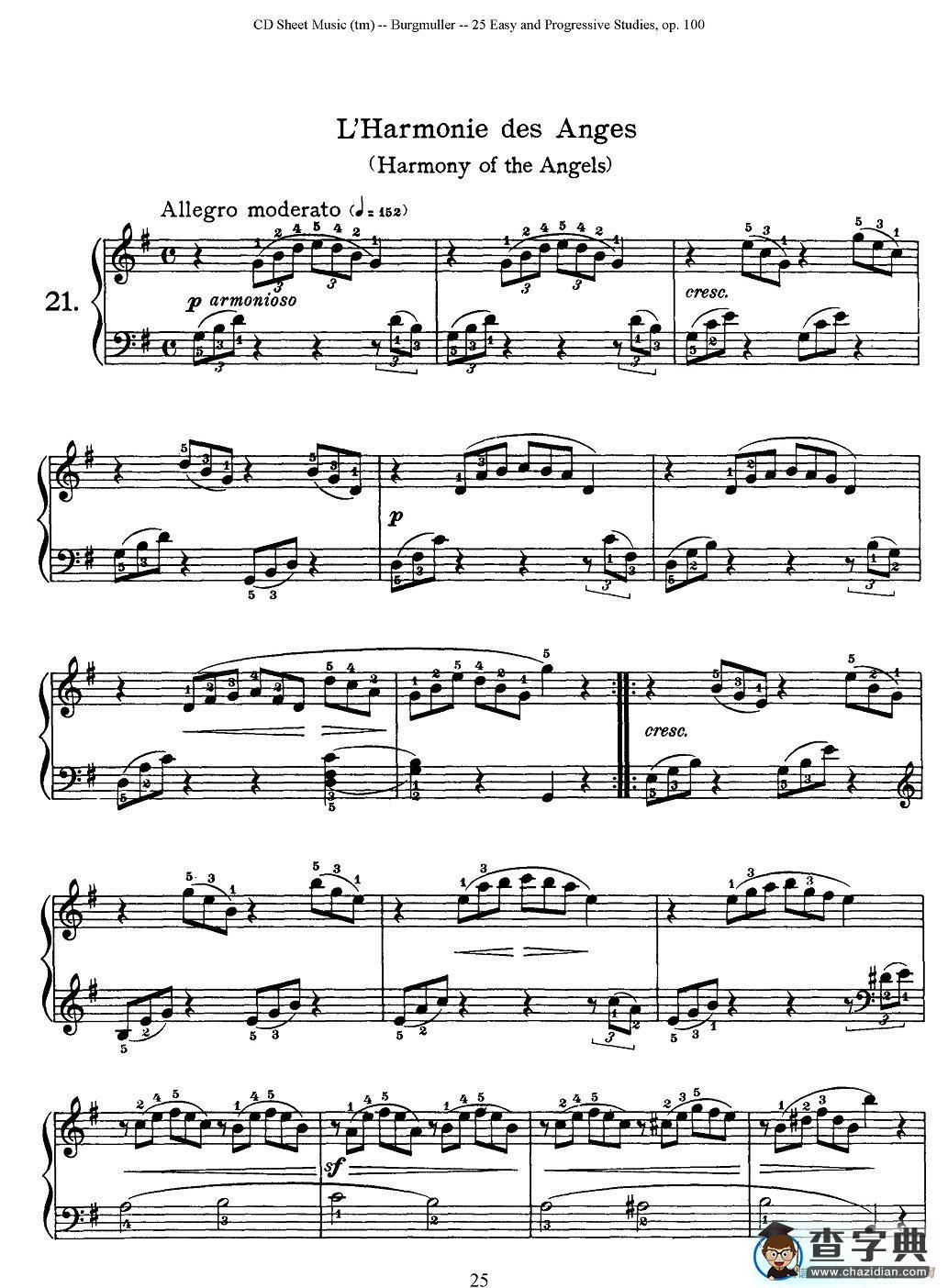 布尔格缪勒-25首钢琴进阶练习曲 Op.100（21、天使的歌声）钢琴谱