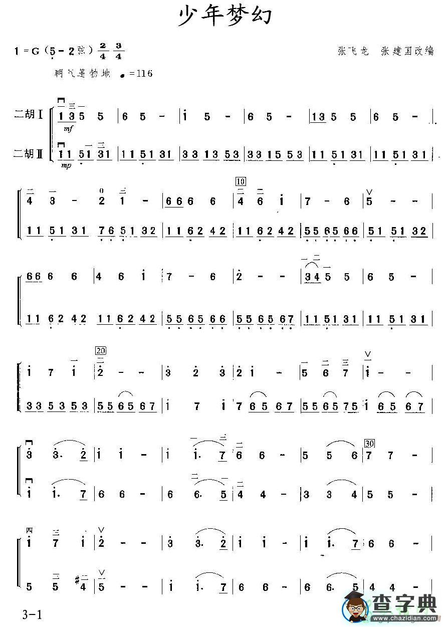 少年梦幻二胡曲谱