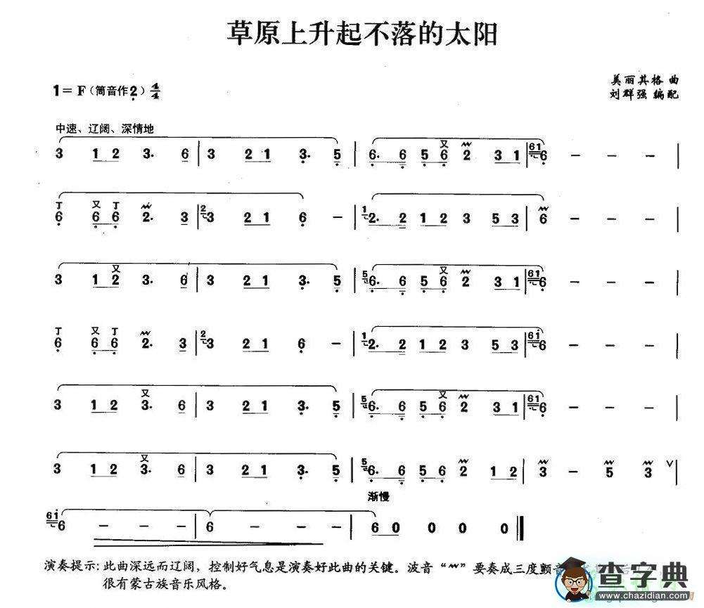 笛子简谱：草原上升起不落的太阳笛子谱